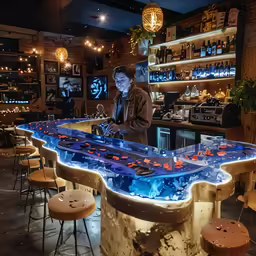 a bar has some tables with a blue neon table top