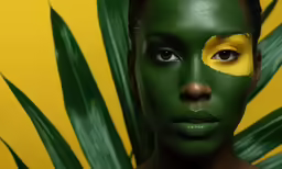 a woman has her face painted with yellow and green