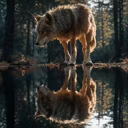 two brown wolfs stand together by a body of water