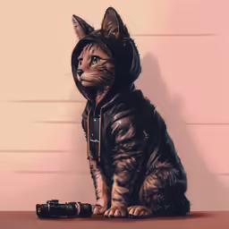 a drawing of a cat with a hooded jacket on