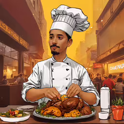 a cook has a large plate of roasted meat,a man sitting at a table with food