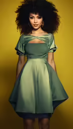 an afro girl with big hair wearing green