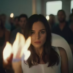 a woman is looking up while lights shine on her