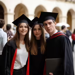 three friends are standing on graduation day in a courtyard