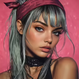 a woman with grey hair and no make up is wearing a black choker