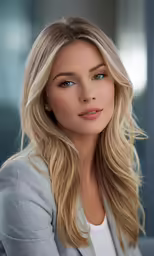 a beautiful young blonde woman in a gray blazer