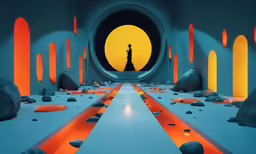 a long tunnel with orange stripes leading to a person
