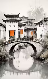 an asian bridge is on a rainy day with a small lake underneath it