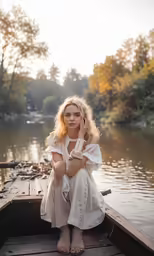 woman sitting on wooden dock talking on her cell phone