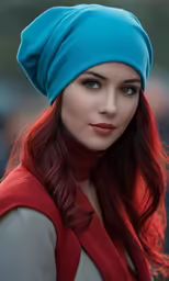 a close up of a woman wearing a blue hat