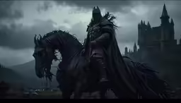 a man riding on the back of a black horse in front of a castle