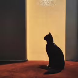 a black cat sitting in front of a wall