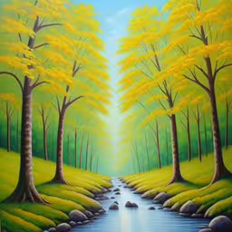 a painting of trees, river and stream in the middle,a painting of trees by a stream on canvas,an image of a painting of a river that is going through the woods,a painting of a stream passing between yellow trees,a painting of trees and a stream with a lot of yellow leaves