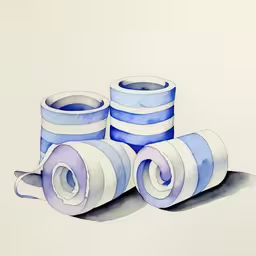 an image of two rolls of toilet paper,this is a painting of blue and white curlings
