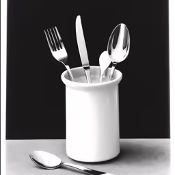a cup with a spoon, two forks and knife