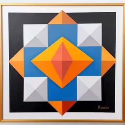 a painting of a diamond in a frame,an abstract painting of colorful shapes is hung above a framed object,a picture is of an abstract geometric design,a picture of abstract art with colorful shapes,a colorful painting in a gold framed frame