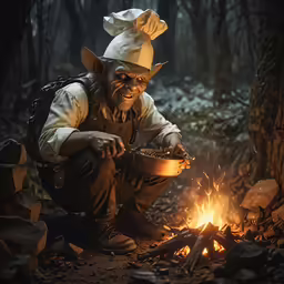 an old man with a hat cooking food on a campfire