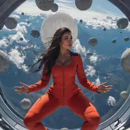 the woman in orange is standing in an air - tight space station