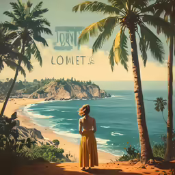 a woman is staring at the ocean as the sun shines over a palm trees