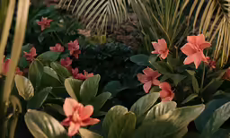 some pink flowers some green leaves and plants