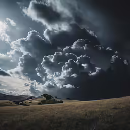 a cloudy sky over an empty plain with a lone cow grazing
