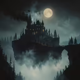 a castle with turrets in the middle of the night