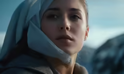 a woman wearing a white head scarf on top of her head