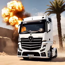 this is an image of a truck in the desert,a white truck driving down a road next to a palm tree
