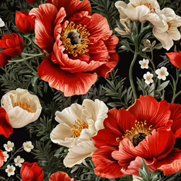many different flowers in white, red, and green on a black background