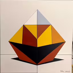 a painting in progress of an abstract shape,a vase with a paint brush inside of it,a close up of an object made out of wood,an image of a modern abstract art work on the wall,a painting with multiple colors and shapes is in an open space