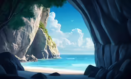 a cave entrance to an ocean and white sand beach