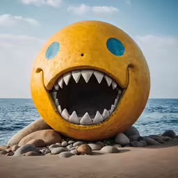 a big face sitting on top of rocks on the beach