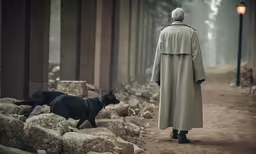 a dog chasing a shepherd in an abandoned town
