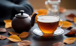 an open glass tea pot and a coffee cup on a saucer