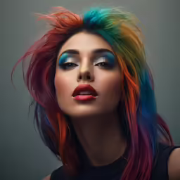 colorful hair girl with red lipstick and bright makeup