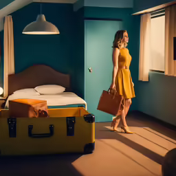 a beautiful woman walking through a room next to a bed