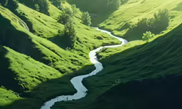 a winding grassy hill with a river flowing