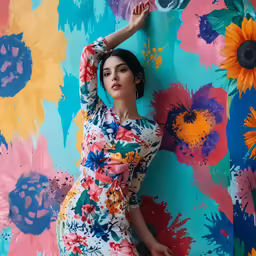 the woman poses by a floral painted wall