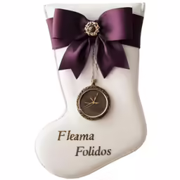 a white christmas stocking with a purple bow