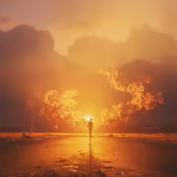a person on an open road with the sun in the distance