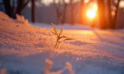 a plant growing in the snow at sunset