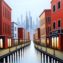 a painting of some water and buildings,artwork of city street scene and waterway with lights,a city landscape of several buildings and a pond,a painting of a street near a tall city with skyscrapers,a painting that depicts some buildings and a fountain