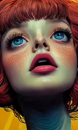 a painting of a woman with red hair and blue eyes