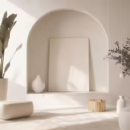 an empty white room with vases, paintings and plants