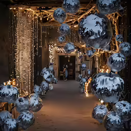 a hallway with silver and white ornaments hanging from it