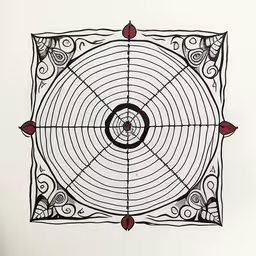 an intricate design on the wall of a building,an ornamental square has swirly designs and hearts on it,an art piece sitting on top of a wall,an abstract drawing of a spiral design,an art work with black and white accents