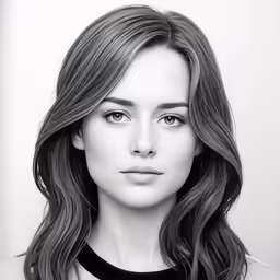 a black and white photo of a woman with wavy hair
