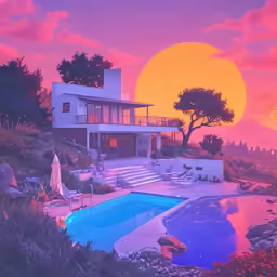 the house is painted orange and blue while the sun goes down