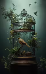 a bird perched on the top of a cage