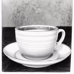 black and white image of a cup with saucer